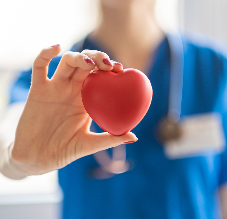 nurse holding up a red heart